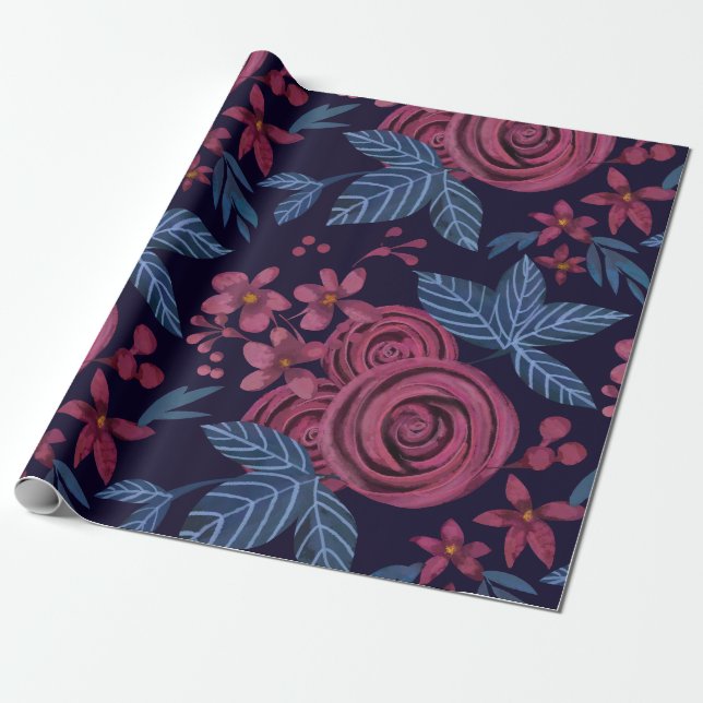 Papier Cadeau Elégante marine Bourgogne Floral Watercolo (Déroulé)