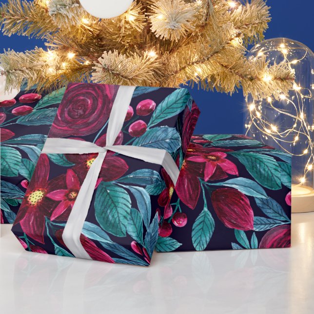 Papier Cadeau Elégante marine Bourgogne Noël Floral Aquarelle (Vacances)