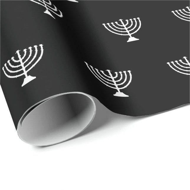 Papier Cadeau Élégante menorah juive noire et blanche Hanoukka (Coin rond)