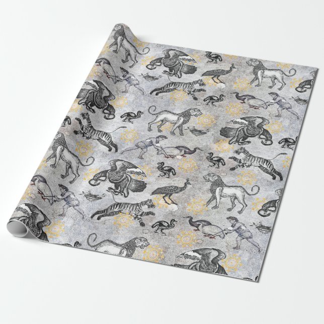 Papier Cadeau Elégante Mosaïque Noir Blanc Or Tigre Lion Eagle (Déroulé)