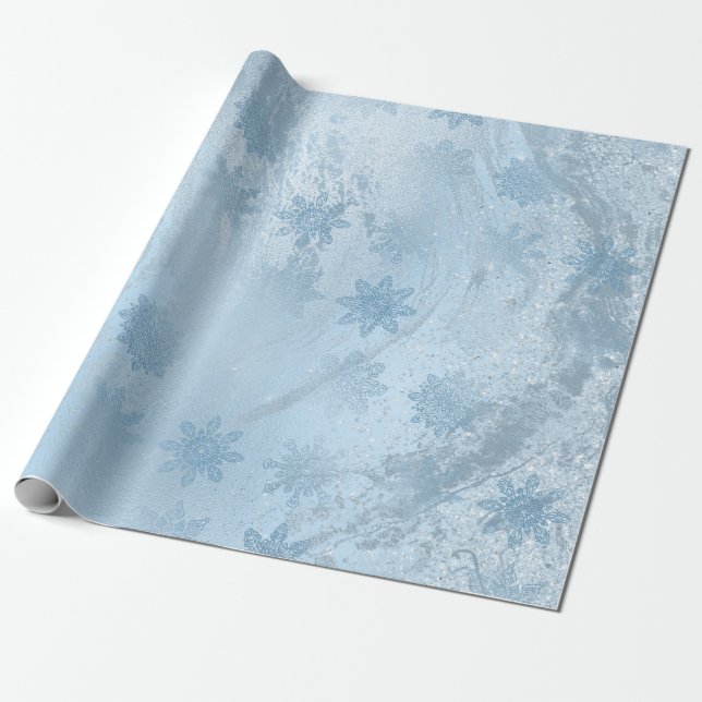 Papier Cadeau Élégante parties scintillant bleue marbre flocons  (Déroulé)