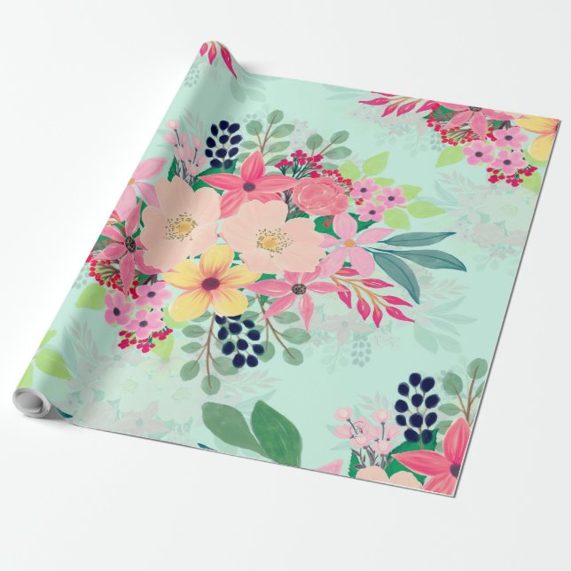 Papier Cadeau Elégante peinture à l'aquarelle florale à la menth (Déroulé)