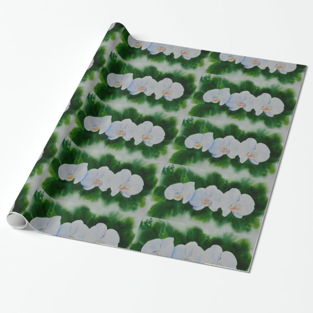 Papier Cadeau Elégante peinture d'orchidée tropicale blanche (Déroulé)