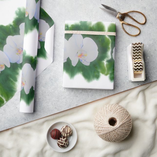 Papier Cadeau Elégante peinture d'orchidée tropicale blanche (Artisanat)