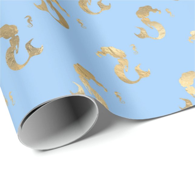 Papier Cadeau Elégante Petite Sirène Bleu et Or Métallique (Coin rond)