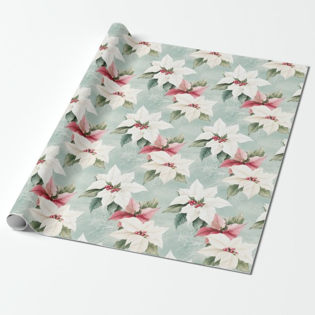 Papier Cadeau Élégante Poinsettias de Noël Rose Blanc (Déroulé)