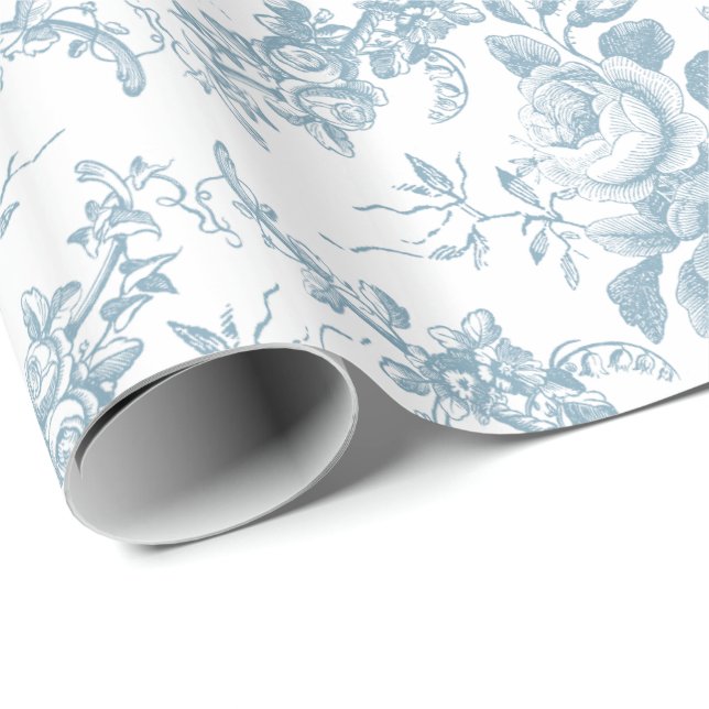 Papier Cadeau Elégante toile florale blanche et bleue gravée (Coin rond)