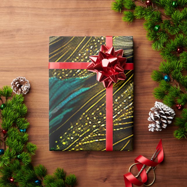 Papier Cadeau Elégante Turquoise Abstraite  Plumes Peacock Or | (Cadeau de vacances)