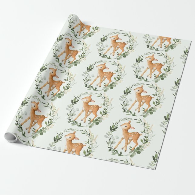 Papier Cadeau Élégante verdure Or Bois Cerf Bébé Faune (Déroulé)