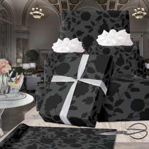 Papier Cadeau Élégante Vigne Florale Noire Sur Gris Charbon