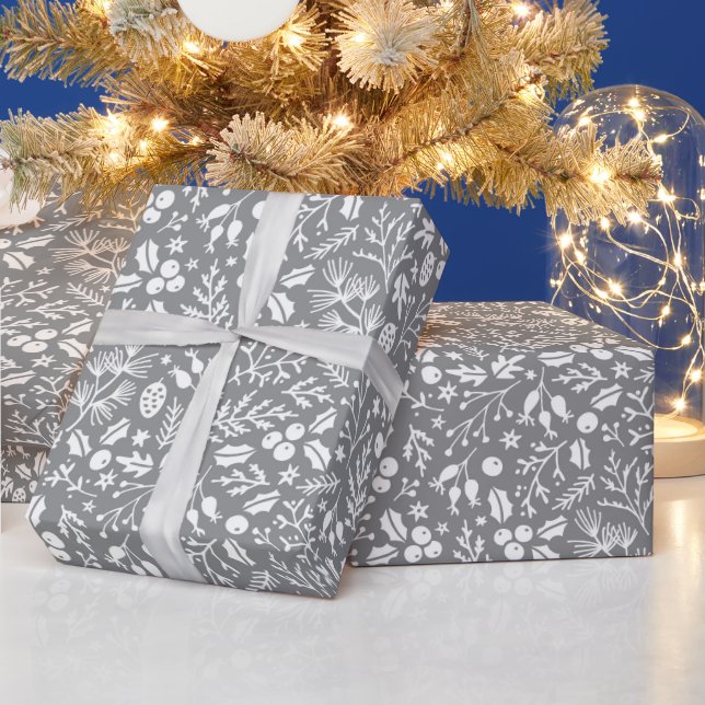 Papier Cadeau Élégantes botaniques d'hiver en gris et blanc (Vacances)