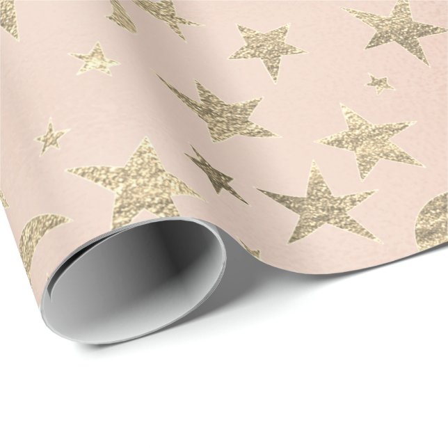 Papier Cadeau Elégantes étoiles d'or et lune Faux Rose Rose Blus (Coin rond)