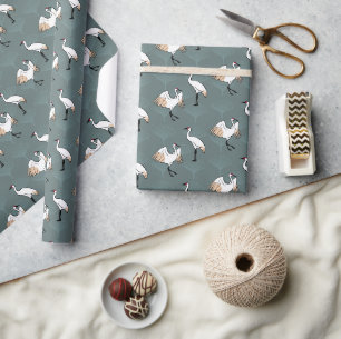 Papier Cadeau Elégantes grues japonaises et Feuilles Gingko