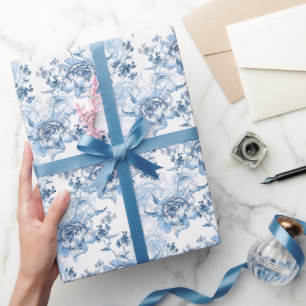Papier Cadeau Élégantes pivoines gravées en bleu et blanc
