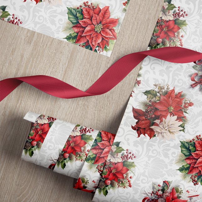 Papier Cadeau Élégantes Poinsettias de Noël et Damas (Créateur téléchargé)