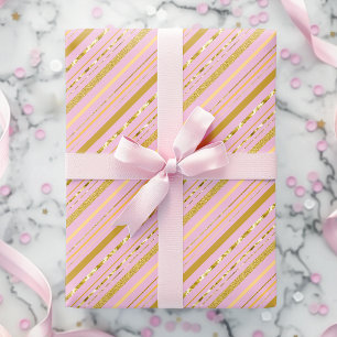 Papier Cadeau Élégantes rayures de faux feuille rose et or