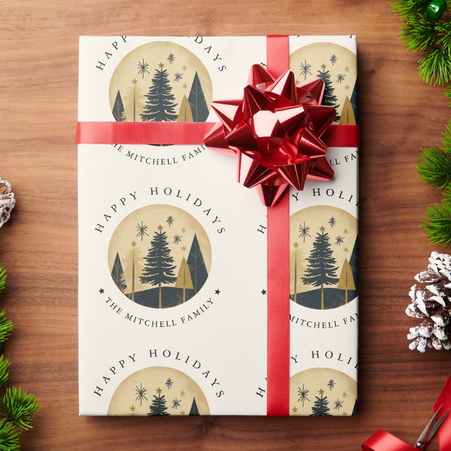 Papier Cadeau Élégantes VACANCES HEUREUSES Forêt de pins d'or ch (Créateur téléchargé)