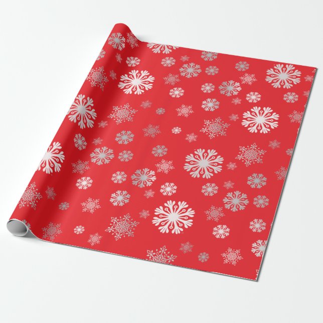 Papier Cadeau Élégants flocons d'argent rouge papier d'enveloppe (Déroulé)