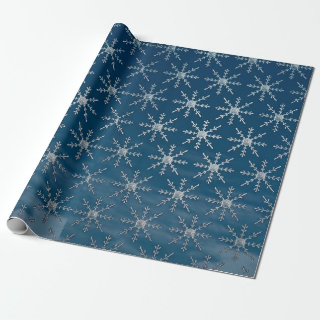 Papier Cadeau Élégants flocons d'argent sur Blue Ombre (Déroulé)