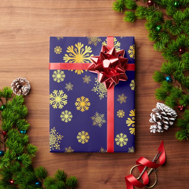 Papier Cadeau Élégants flocons d'or Papier d'enveloppement (Cadeau de vacances)