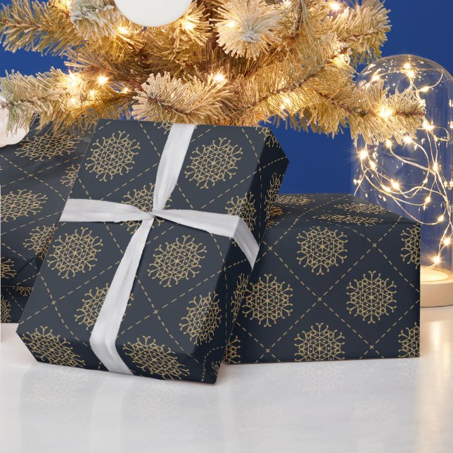 Papier Cadeau Élégants Snowflakes Or Sur Noël Bleu (Vacances)