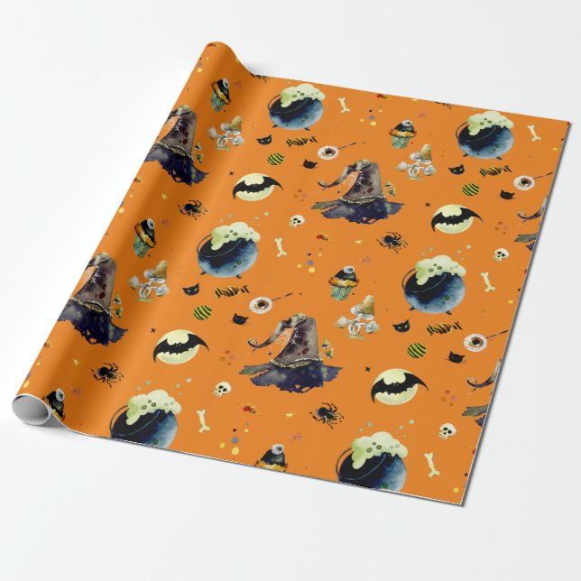 Papier Cadeau Eléments d'Halloween sur Orange (Déroulé)