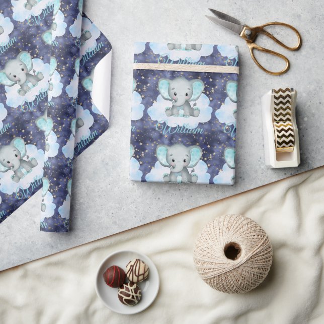 Papier Cadeau Elephant Baby Boy Blue Sky Gold Stars Nom personna (Artisanat)