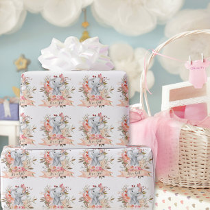 Papier Cadeau Elephant Baby shower Boho Chic Coral Aquarelle