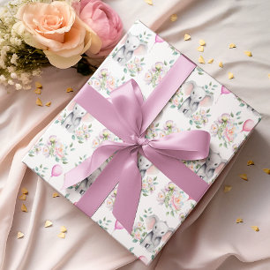 Papier Cadeau Eléphant Bébé avec pivoines et Baby shower à ballo