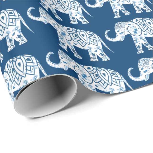 Papier Cadeau Éléphant bleu modelé fleuri (Coin rond)