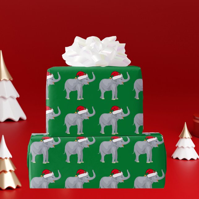 Papier Cadeau Elephant de Noël en vert de Santa Hat (Créateur téléchargé)