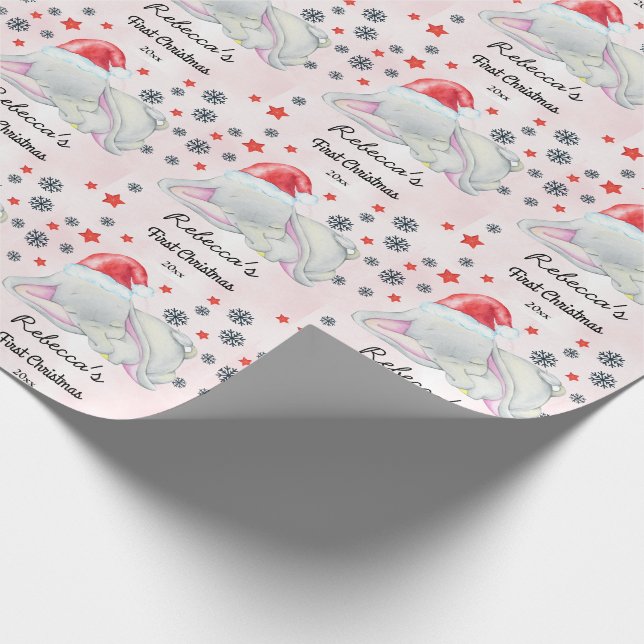 Papier Cadeau Eléphant de Noël personnalisé Fille de bébé rose (Coin)