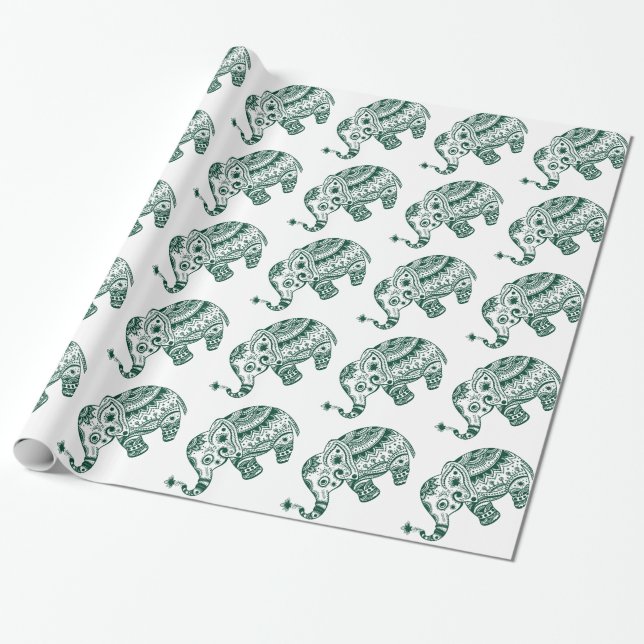 Papier Cadeau Eléphant Floral Cute En Forêt Blanche Vert (Déroulé)