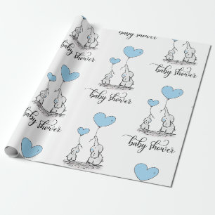 Papier Cadeau Elephant maman & Baby shower bleu gris blanc garço