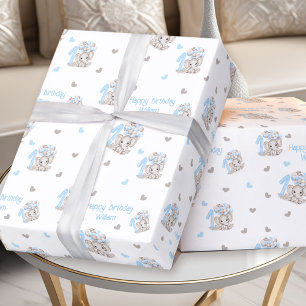 Papier Cadeau Eléphant mignon 1er Anniversaire Bleu Nom personna