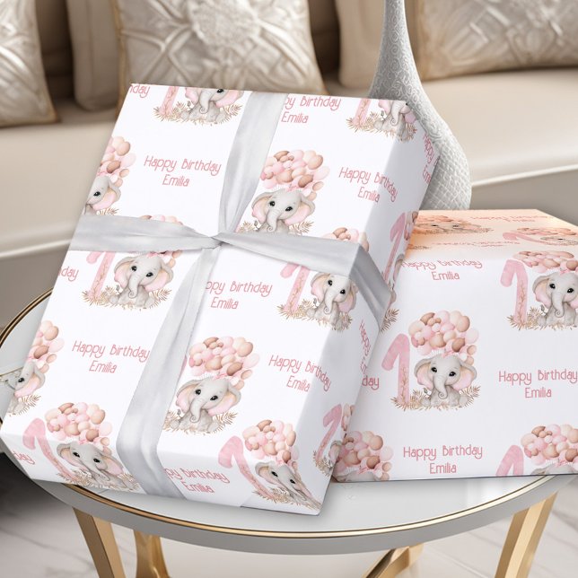 Papier Cadeau Eléphant mignon 1er Anniversaire rose Nom personna (Cute Elephant 1st Birthday Girl Pink Personalized Wrapping Paper)