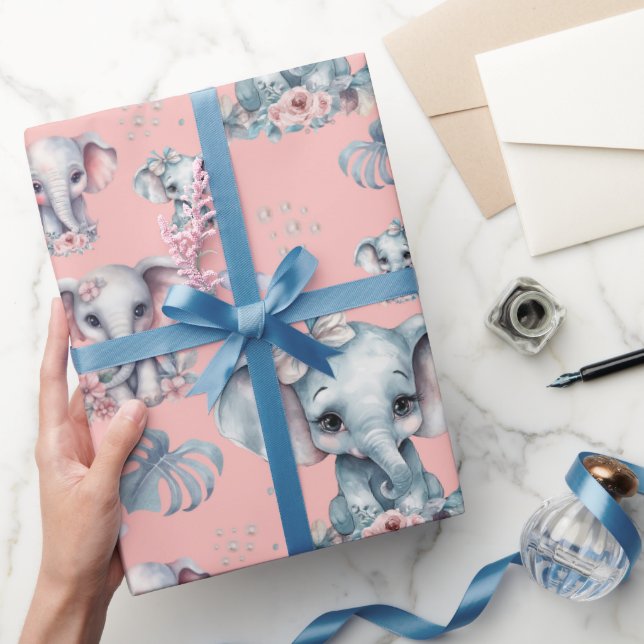 Papier Cadeau Eléphant mignon Imprimer sur Arrière - plan rose (Cadeaux)