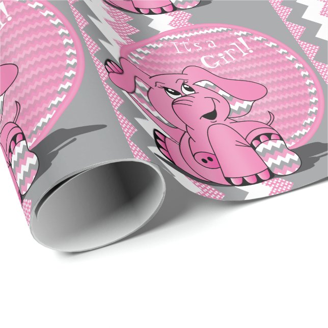 Papier Cadeau Éléphant rose drôle de Chevron (Coin rond)