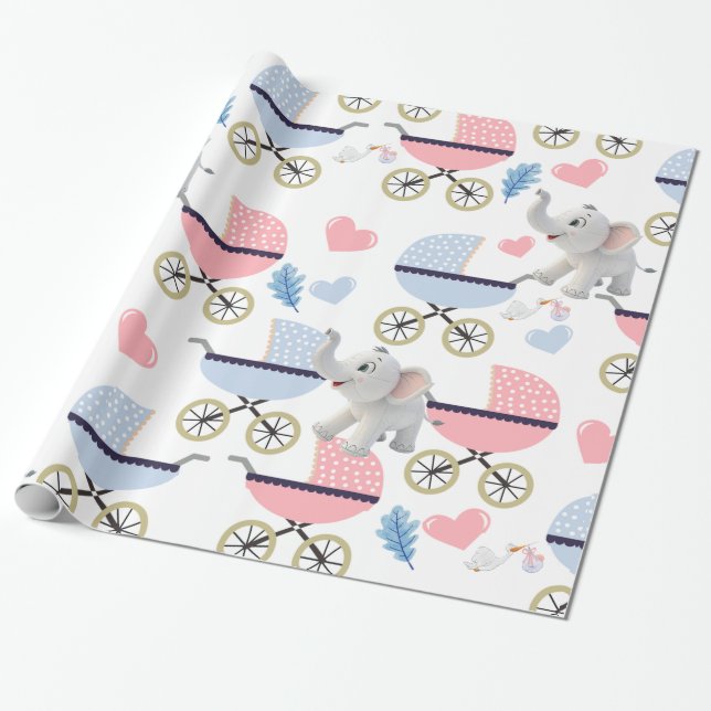 Papier Cadeau Elephant Wrapping Paper Baby Stroller Pink & Blue  (Déroulé)