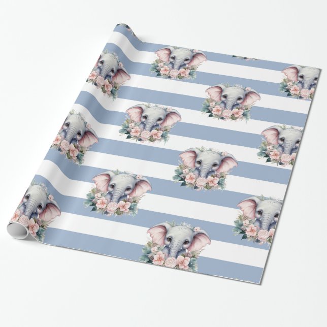 Papier Cadeau Elephant Wrapping Paper Blue & White Stripe  (Déroulé)