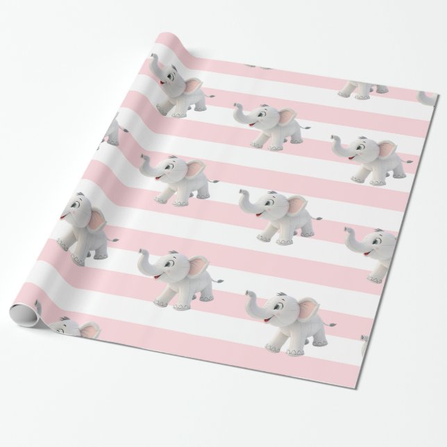 Papier Cadeau Elephant Wrapping Paper Pink & White Stripe  (Déroulé)