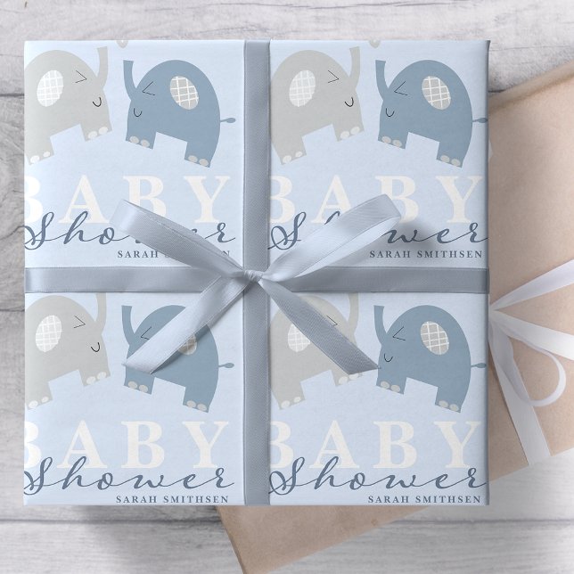 Papier Cadeau Eléphants Baby shower Dusty Blue (Créateur téléchargé)