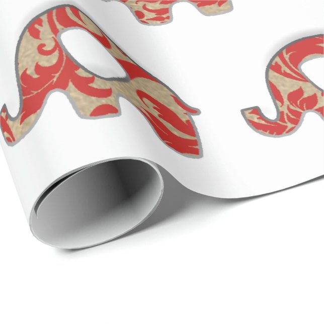 Papier Cadeau Eléphants Blanc Oriental Rouge Champaigne Or (Coin rond)
