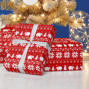Papier Cadeau Eléphants blancs Noël Motif rouge