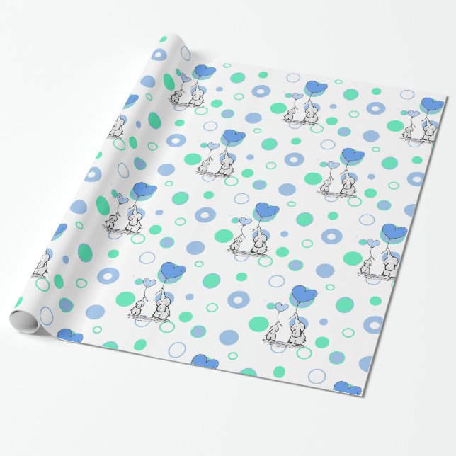 Papier Cadeau Eléphants Bleus Bleus Bleus Bleus Bleus Blanc Cade (Déroulé)