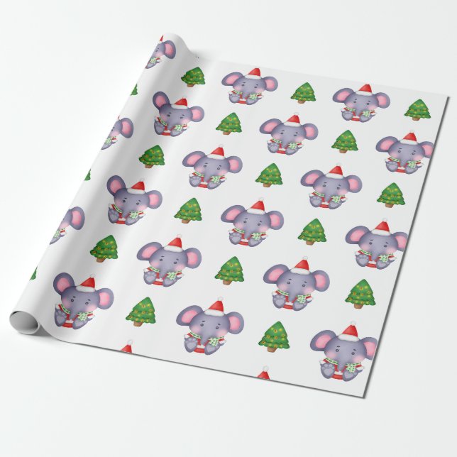 Papier Cadeau Eléphants de Noël mignons et arbres de Noël (Déroulé)