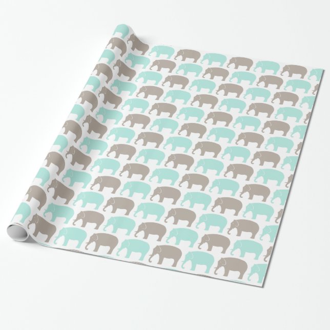 Papier Cadeau éléphants menthe-gris de bébé (Déroulé)