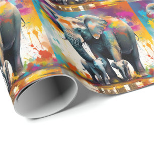 Papier Cadeau Éléphants Mère Et Bébés Colour Splash,