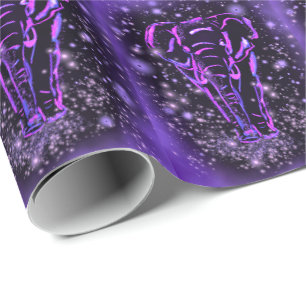 Papier Cadeau Eléphants Neon Violet Rose Marchant À La Nuit Étin