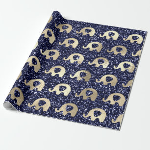 Papier Cadeau Eléphants Parties scintillant métallique Gold Blue